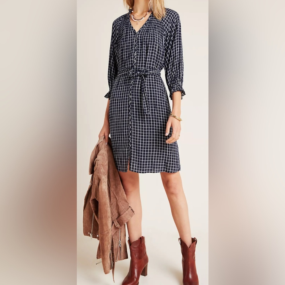 Anthropologie Navy and White Grid Shirt Dress